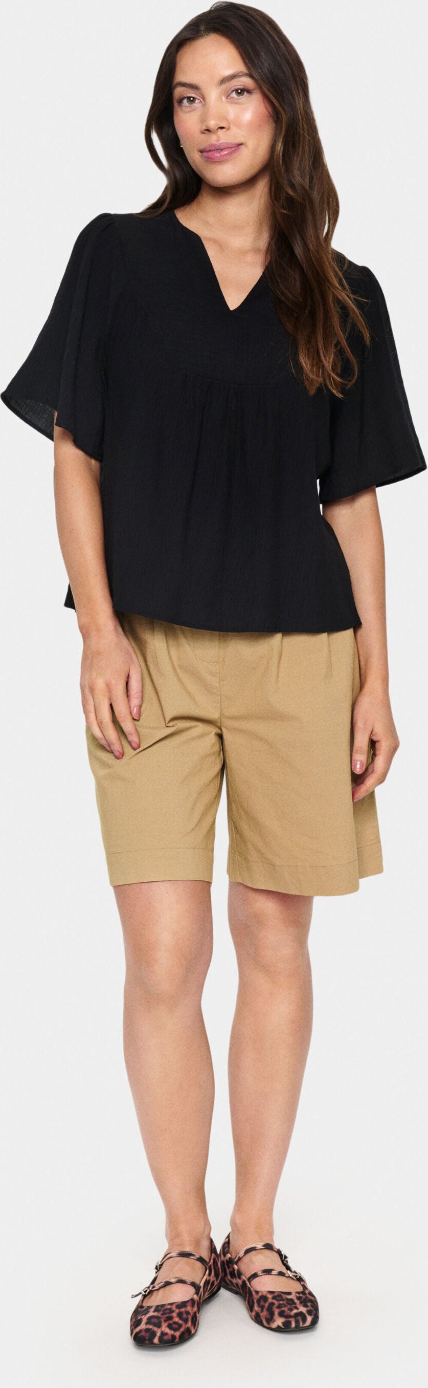 Kurzarm-Bluse Gerade Passform Blac