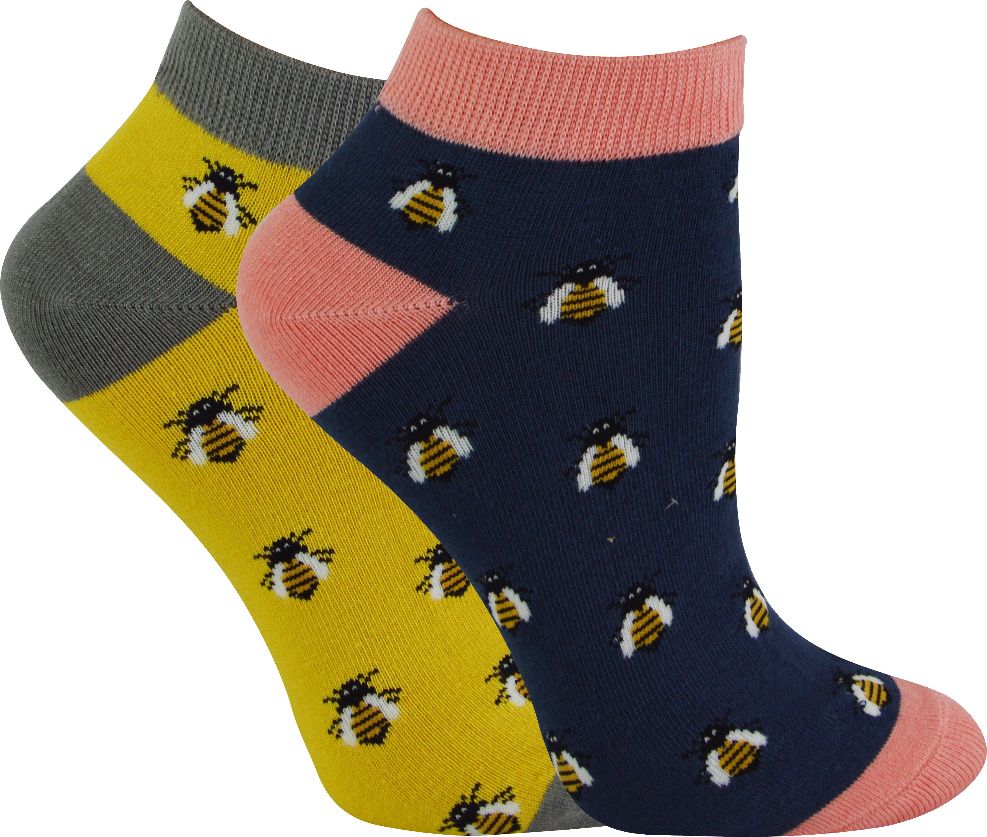 2 Paar Multipack Damen Bambus Trainer Socken | Miss Sparrow | Atmungsaktive Neuheit Tiermuster Socken - Honigbienen