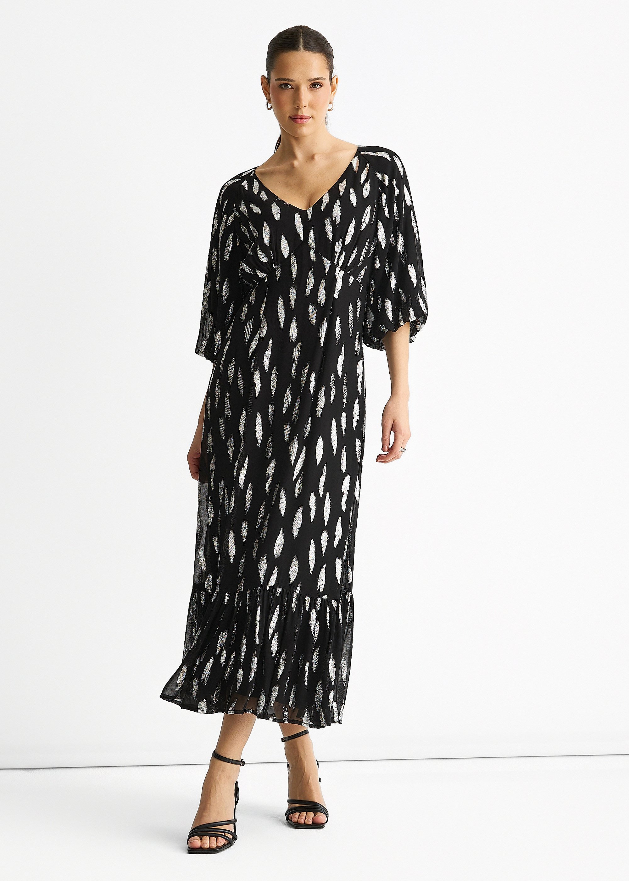 Schwarzes Maxikleid aus Viskose mit Ballonärmeln