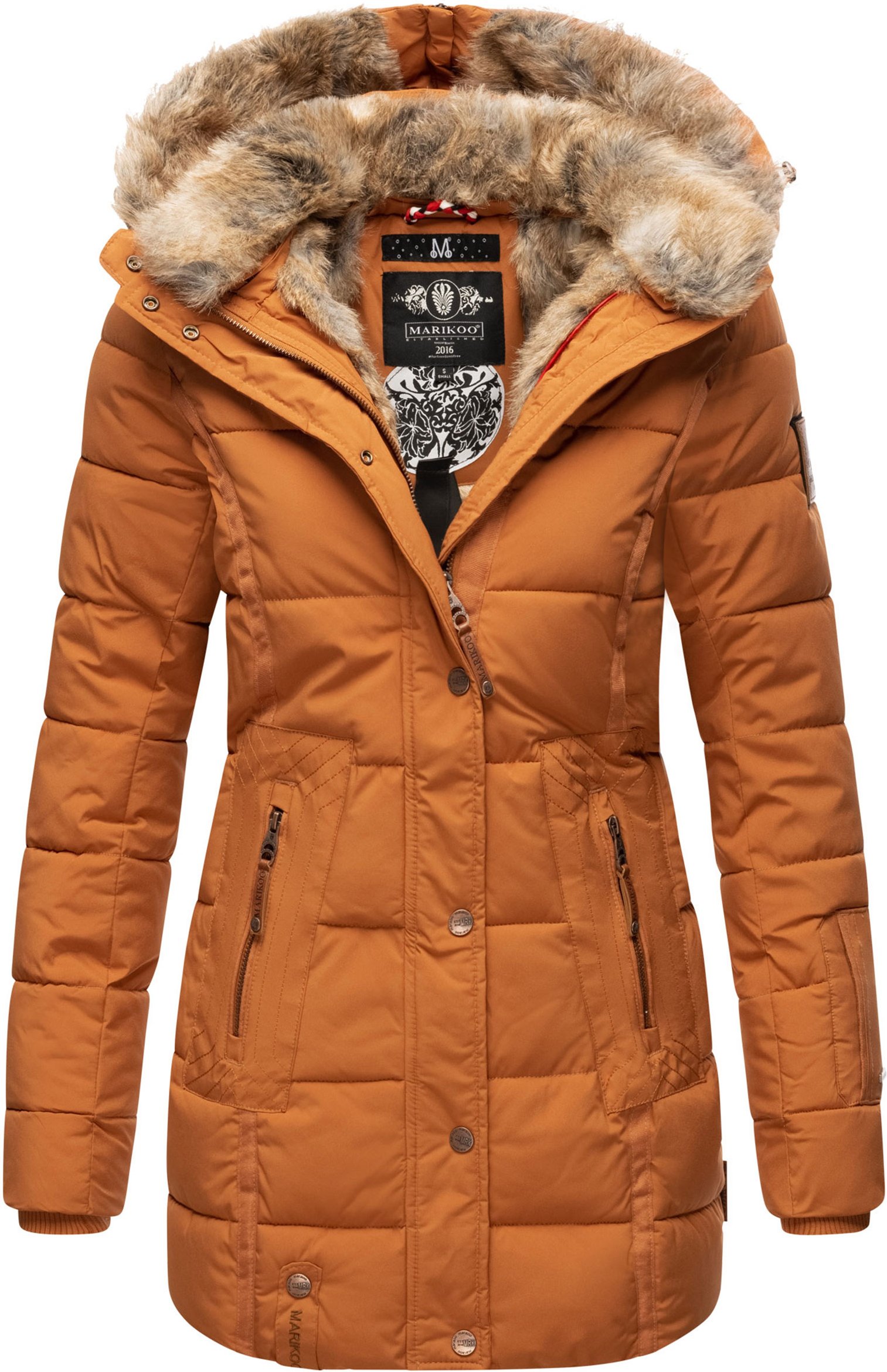 Marikoo Damen Winterjacke mit Kapuze & Kunstfell-Innenfutter