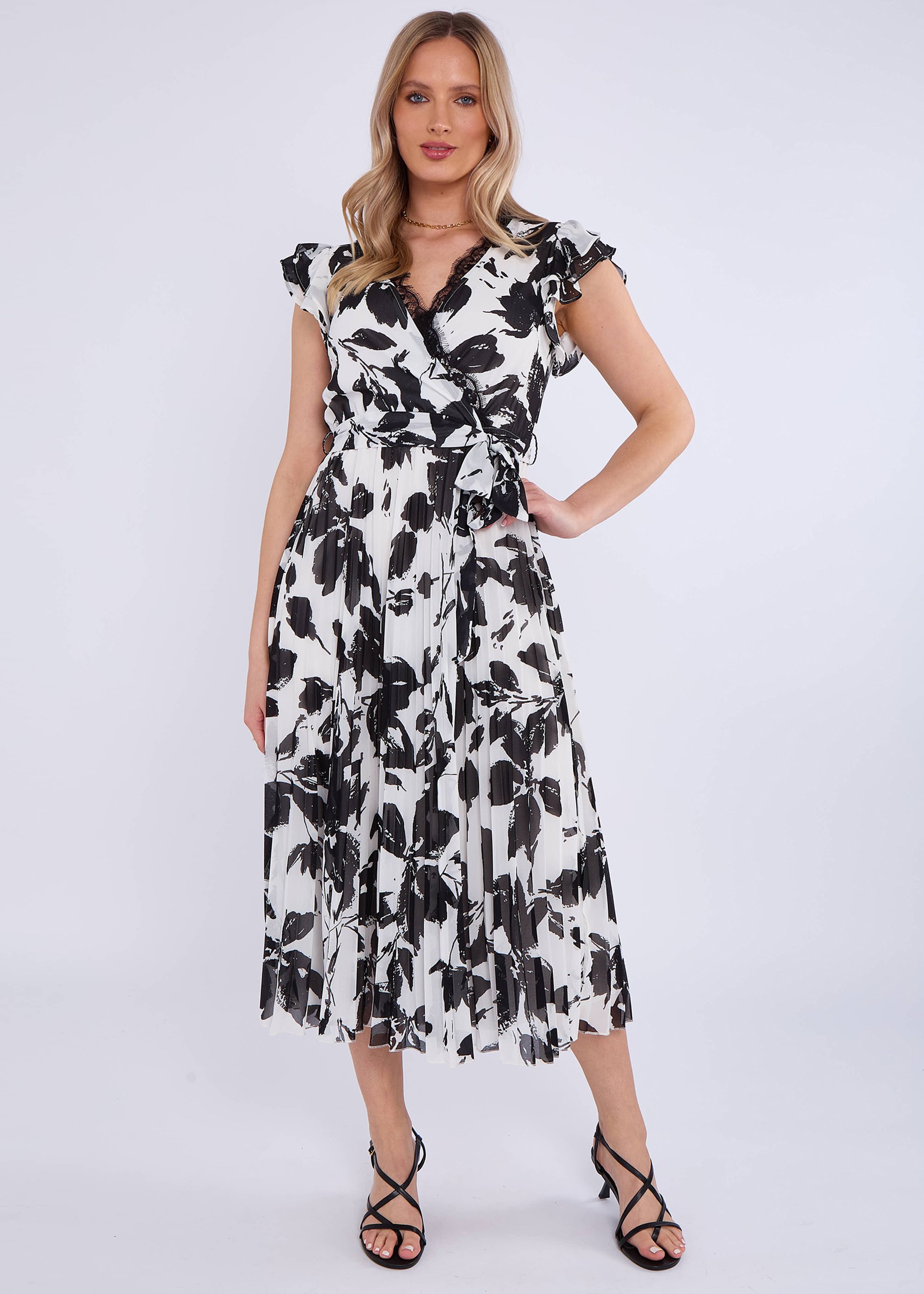 Midikleid mit Spitzenbesatz und Wickelfalten