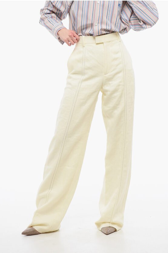 Hose aus reinem Leinen mit bestickter Frontzwicke in Gelb