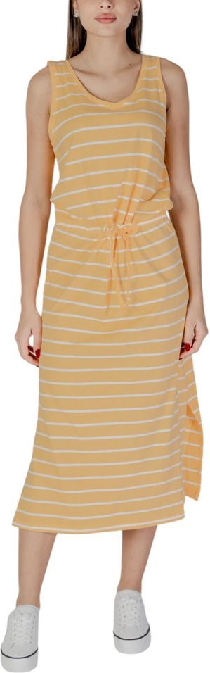 Gestreiftes Midi-Kleid mit Kordelzug in der Taille