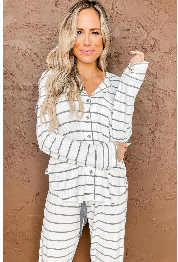 Thumbnail - Azura Exchange Damen-Pyjama-Set mit langen Ärmeln und Hose mit Streifenmuster