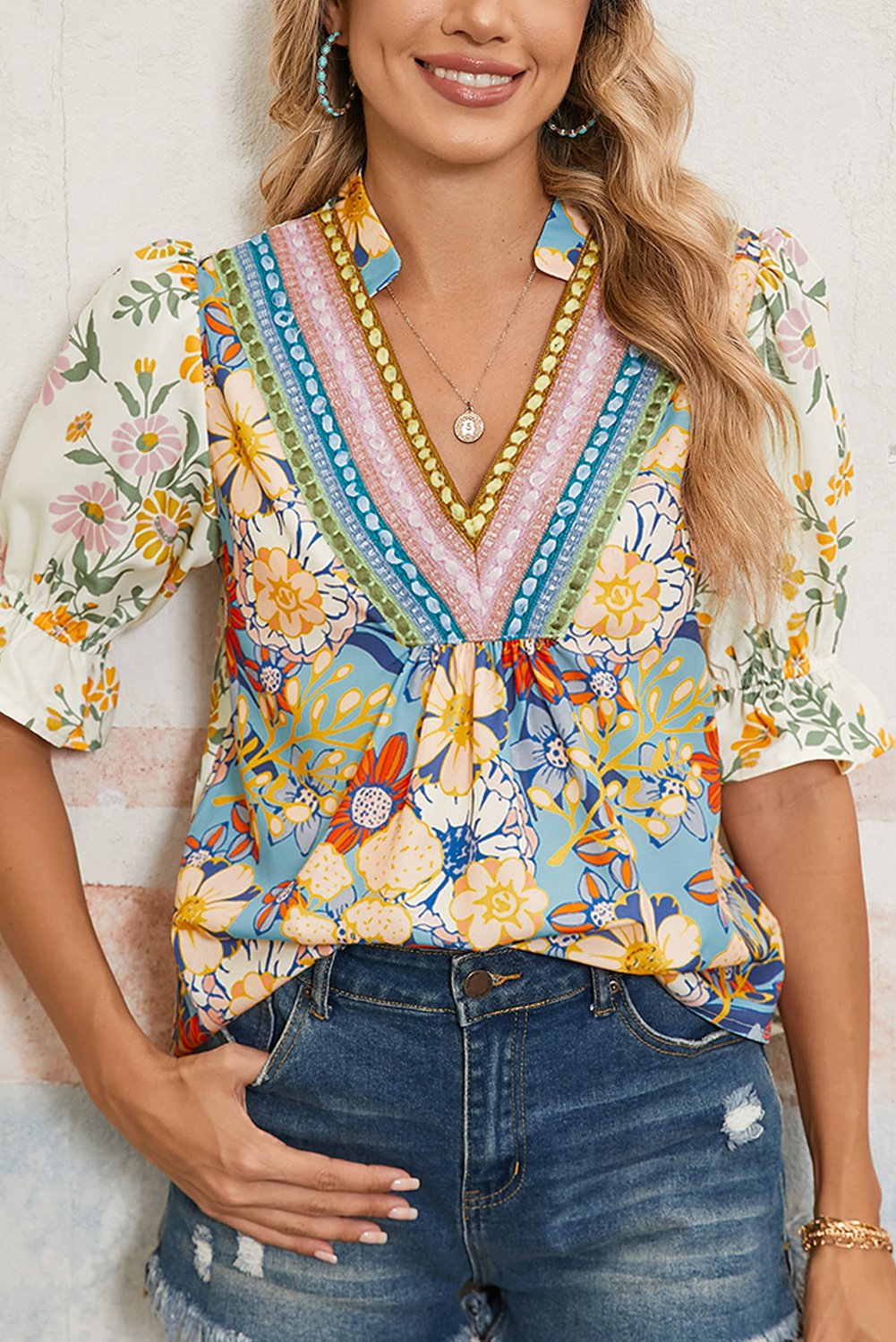 Blumenmuster Bluse Kurzarm Bestickt