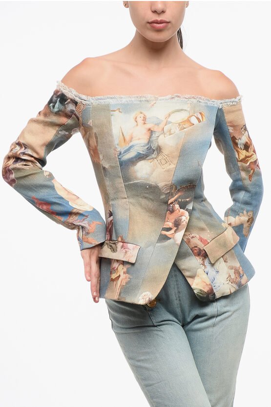 Gemusterter Off-Shoulder-Blazer aus Leinen in Mehrfarbig