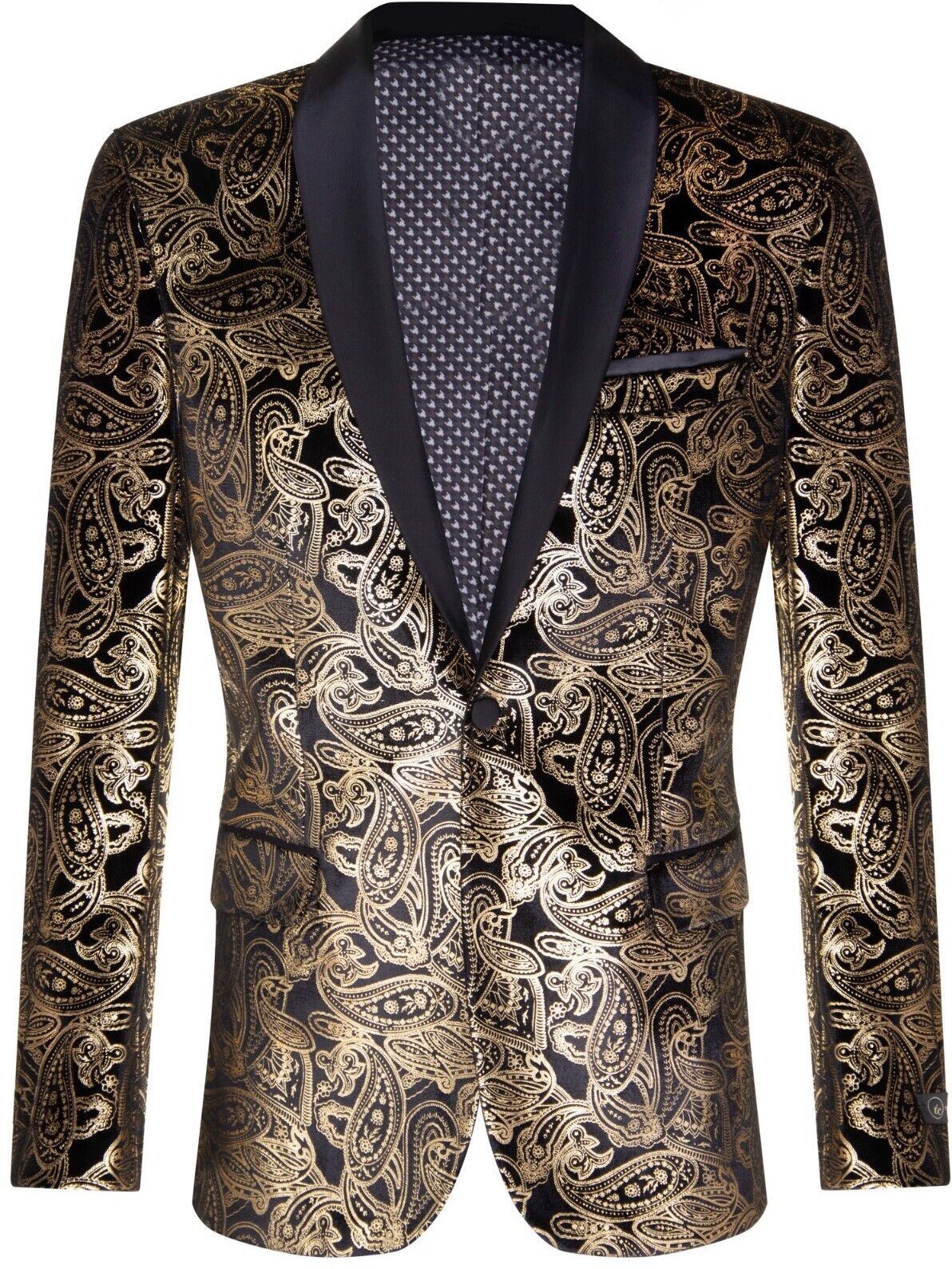 Thumbnail - Klassischer Smoking-Blazer für Herren aus schwarzem Samt mit goldenem Paisleymuster und maßgeschneiderter Passform