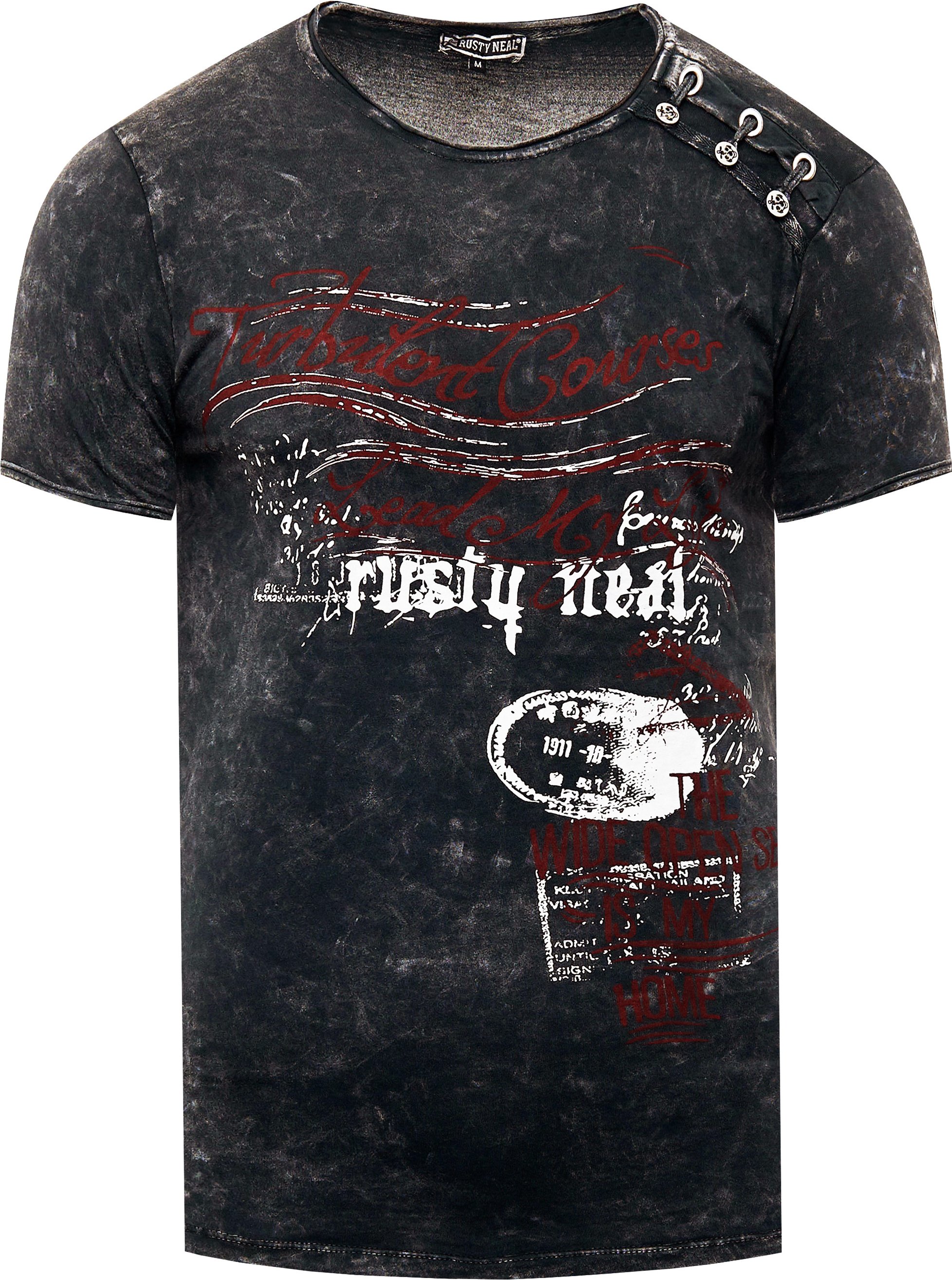 Oil-Washed T-Shirt mit Seitlicher Knopfleiste und Prints