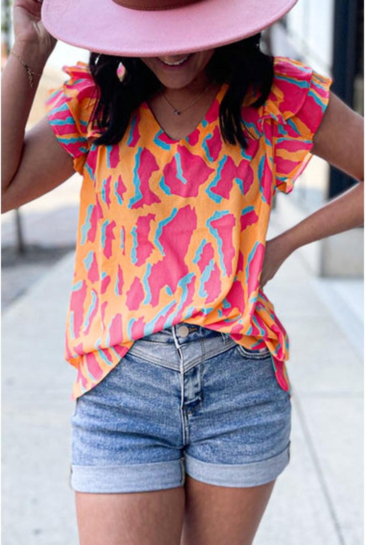 Thumbnail - Azura Exchange Orange Abstrakter Druck V-Ausschnitt Rüschensleeve Bluse