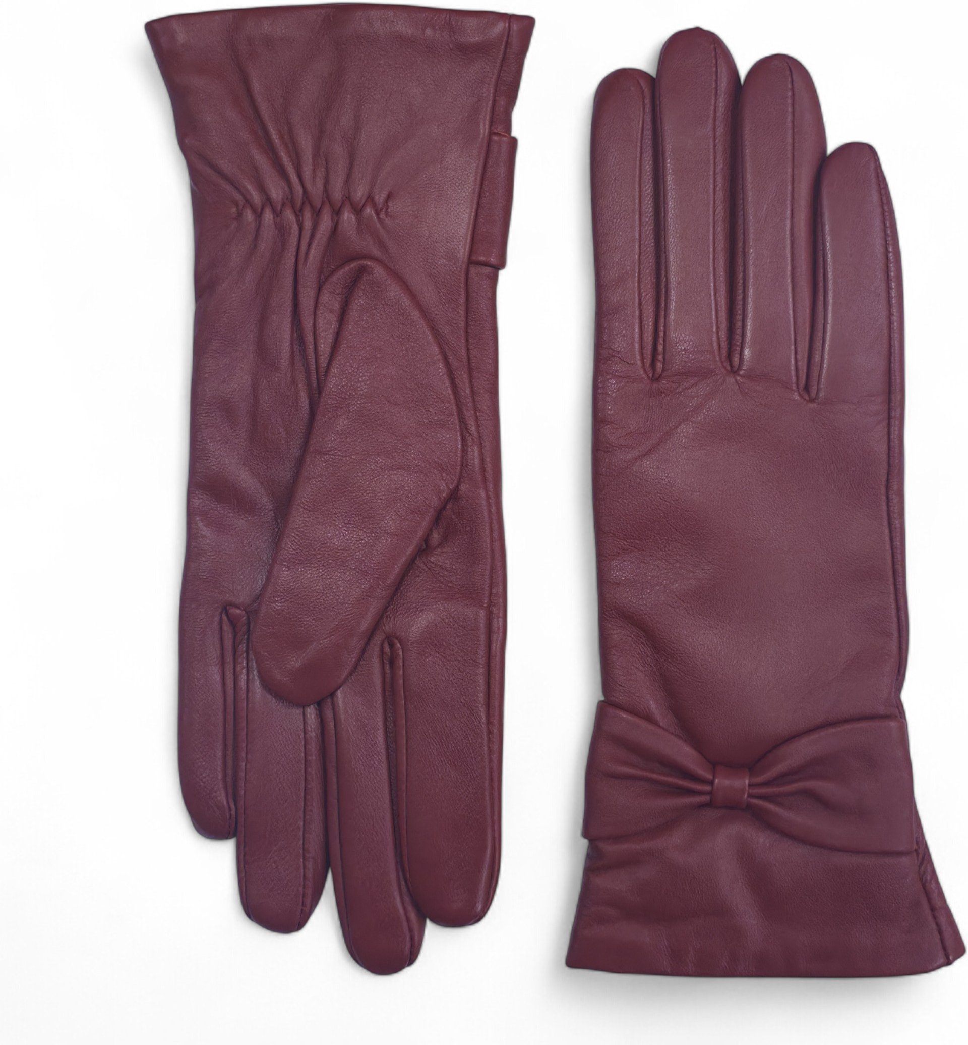Damen-Fahrhandschuhe aus burgunderrotem italienischem Leder mit weichem Wollfutter und Schleifendesign für den Winter