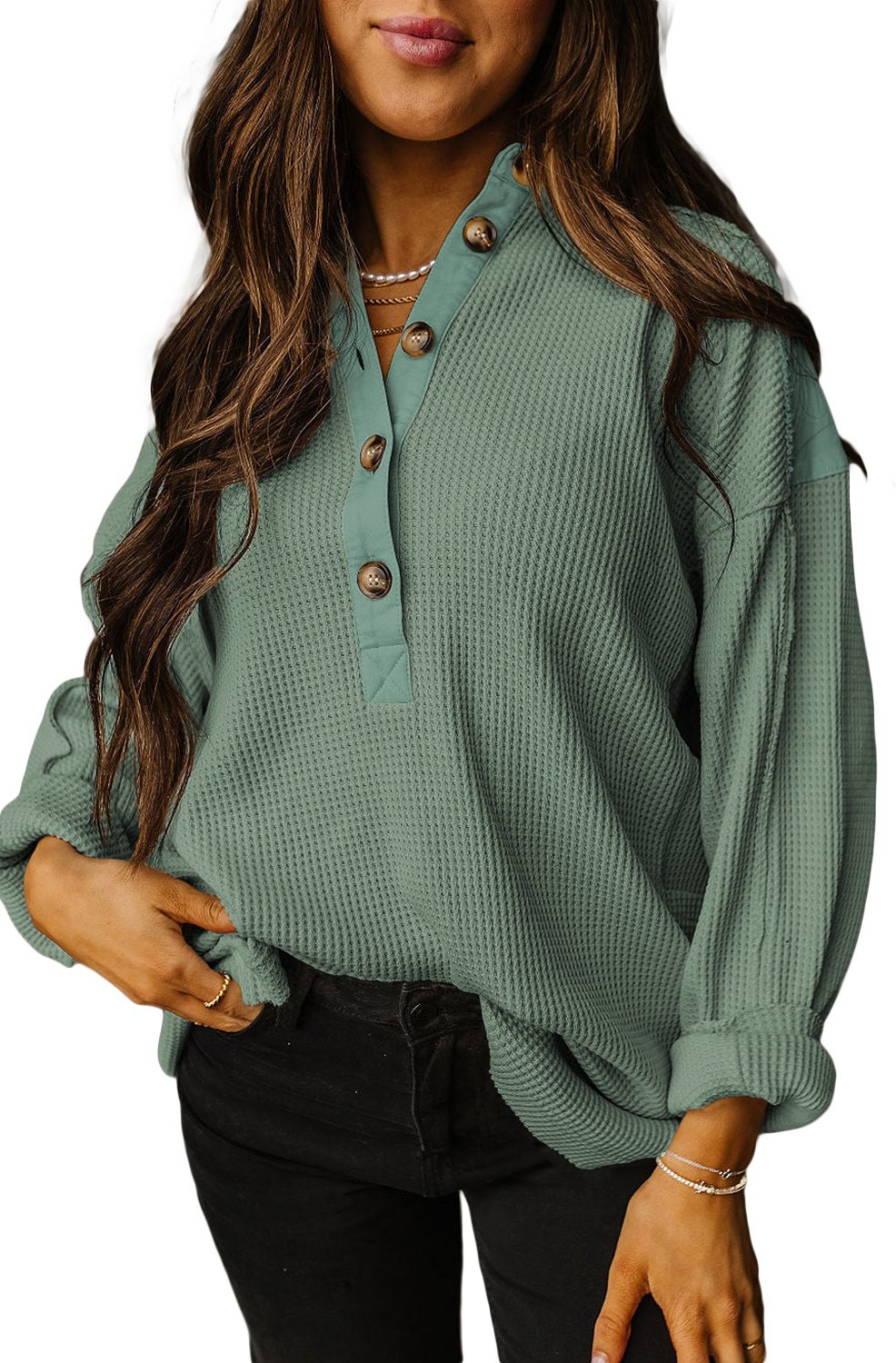 Rauchsäuregrün Waffel Langarmkragen Halbknopf Lockeres Oberteil