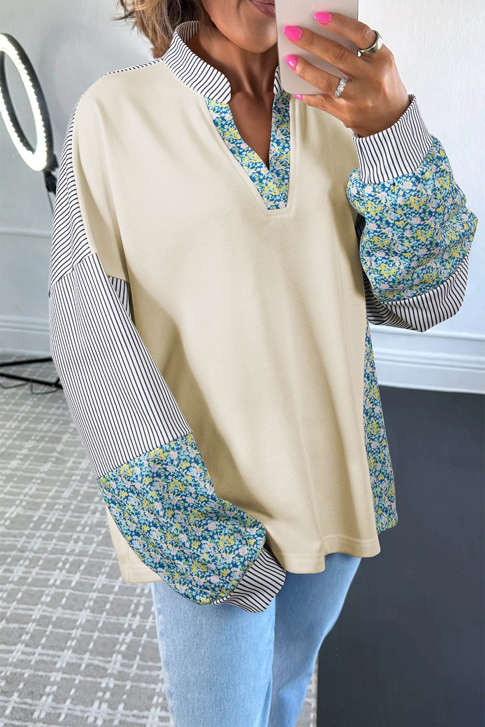 Farbblock-Blumenmuster-Bluse