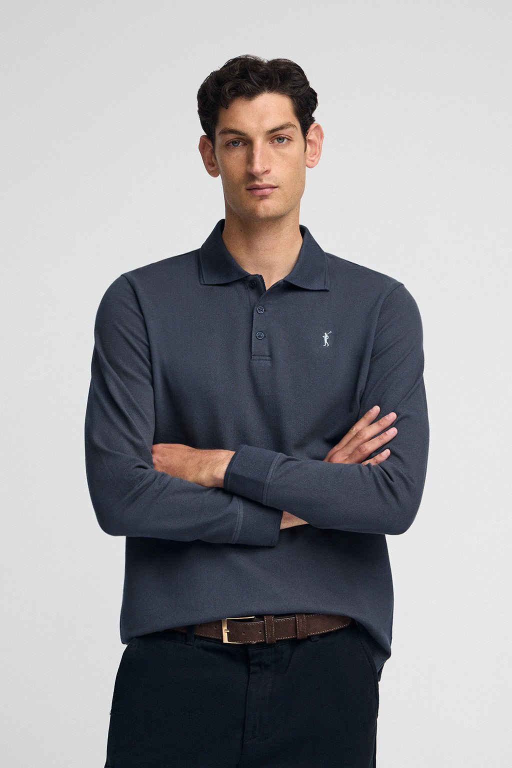 Poloshirt denimblau mit langen Ärmeln und gesticktem Rigby Go-Logo