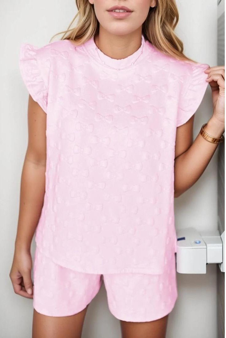 Damen Bogen Jacquard Rüschenshirt mit Kapärmel und Shorts-Set