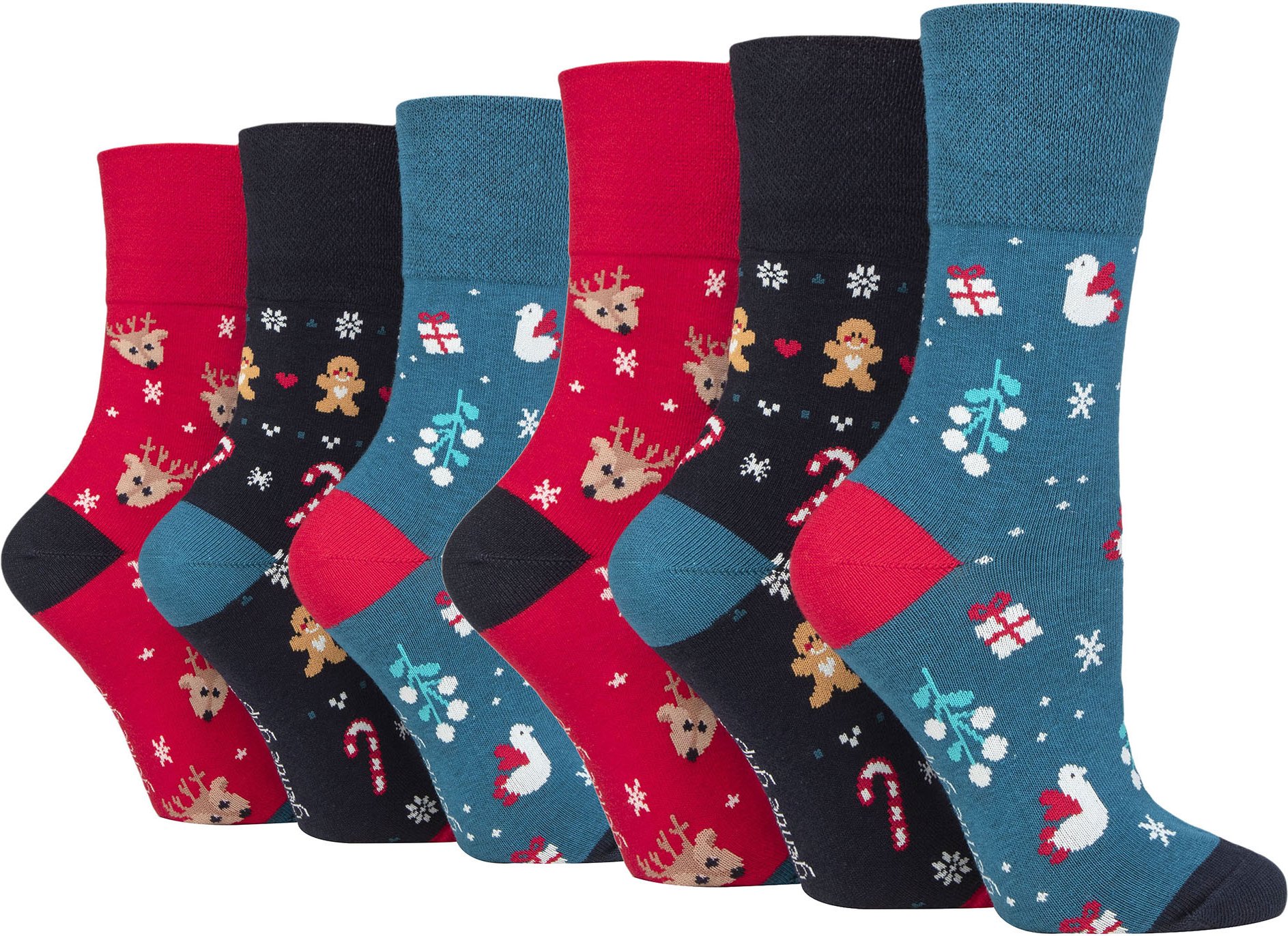 Gentle Grip - 6 Paar Damen Neuheit Weihnachten Socken - blau / rot / grau