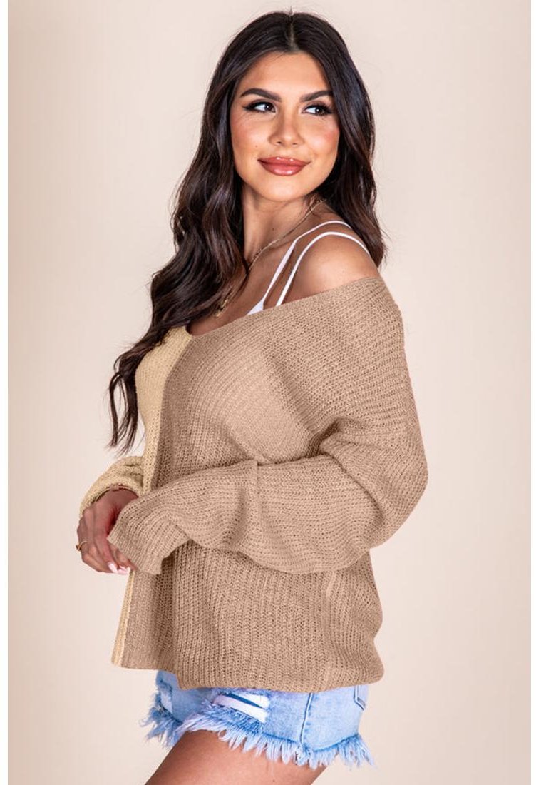 Thumbnail - Azura Exchange Damen Farbblock V-Ausschnitt Pullover in Khaki