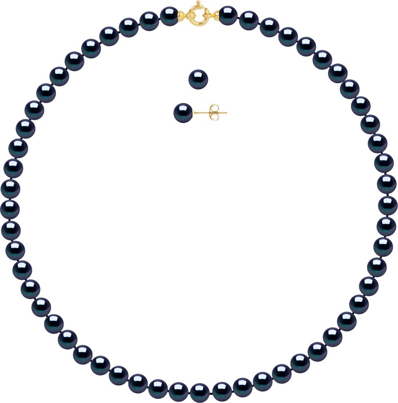 DIADEMA - Set - Halskette/Ohrringe - Echte Süßwasserperlen - Schwarzer Tahitian Style - Gelbgold