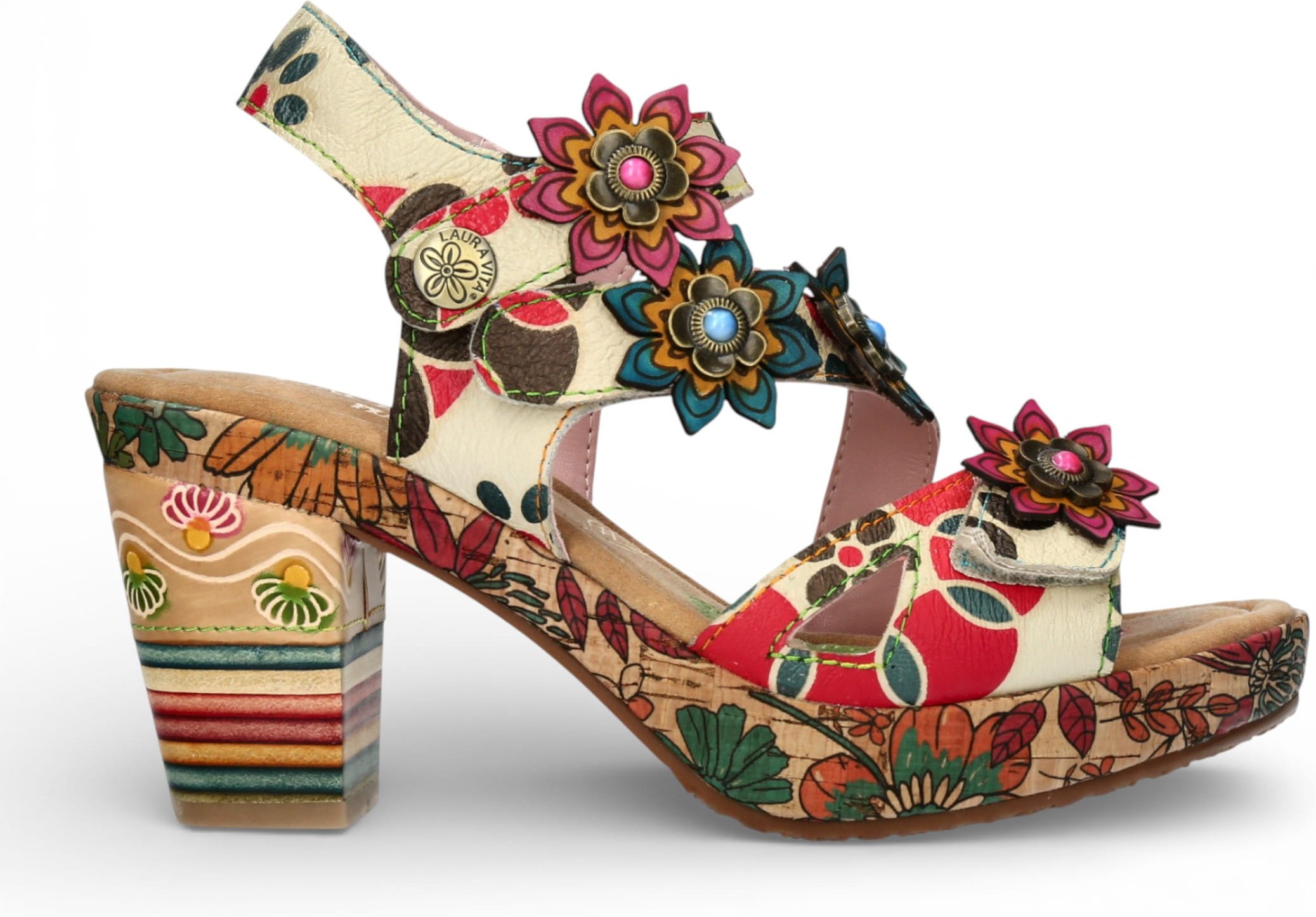 Laura Vita Damen-Espadrilles Nellao 33 aus beigefarbenem Leder mit Blumenmuster und Keilabsatz