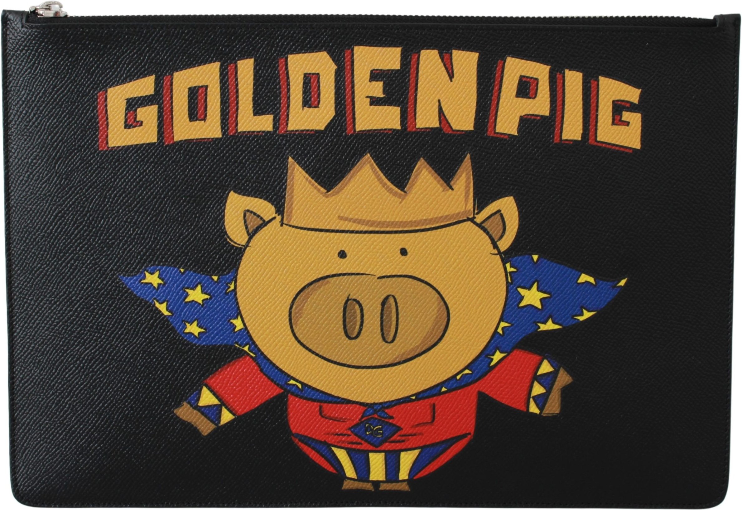 Dolce & Gabbana Schwarzes Goldenes Schwein Leder Dokumententasche