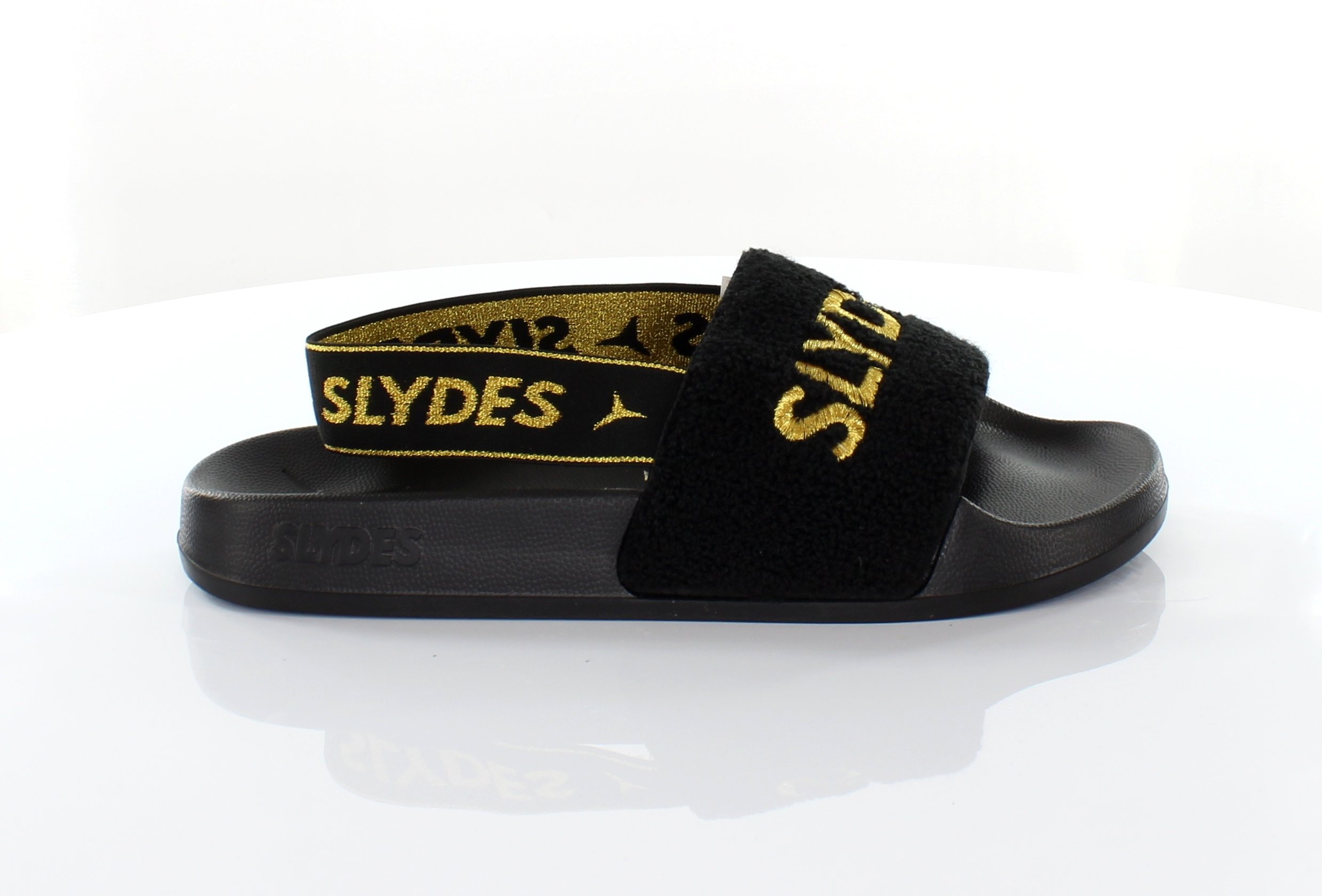 Slydes Coin Womens Slip auf Rückengurt Flip Flop Sliders Sandalen SS20 schwarzes Gold