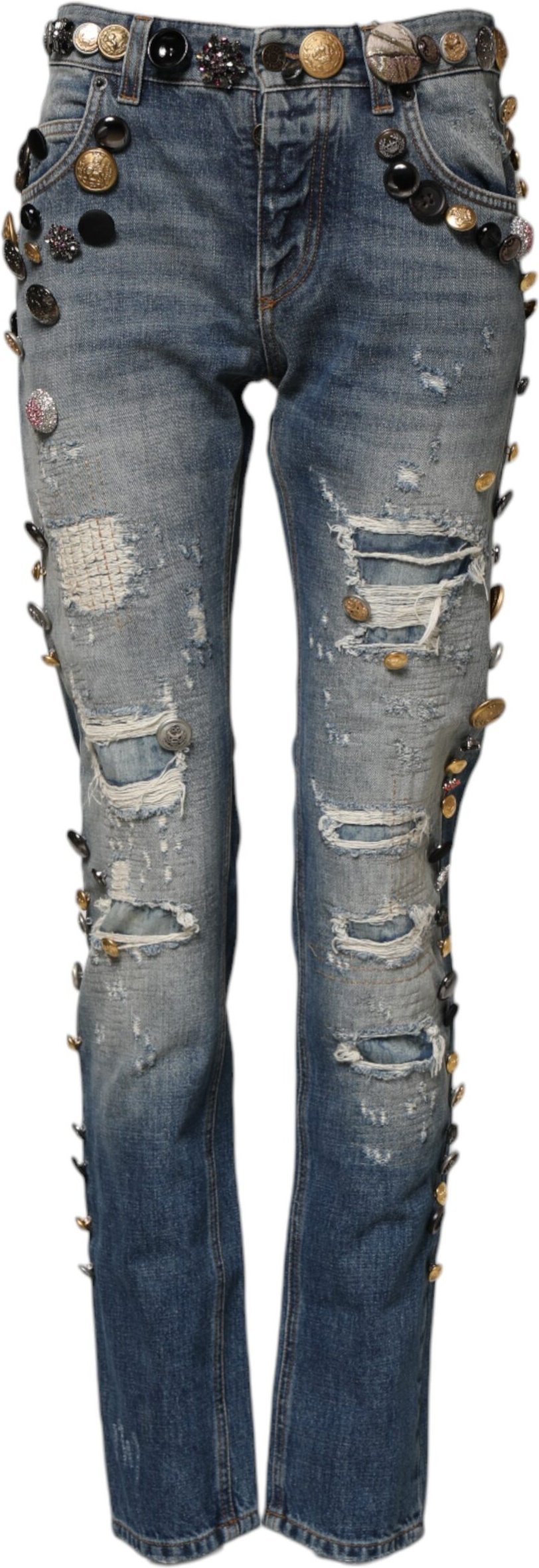 Verzierte Jeans mit abgenutztem Look und Knöpfen