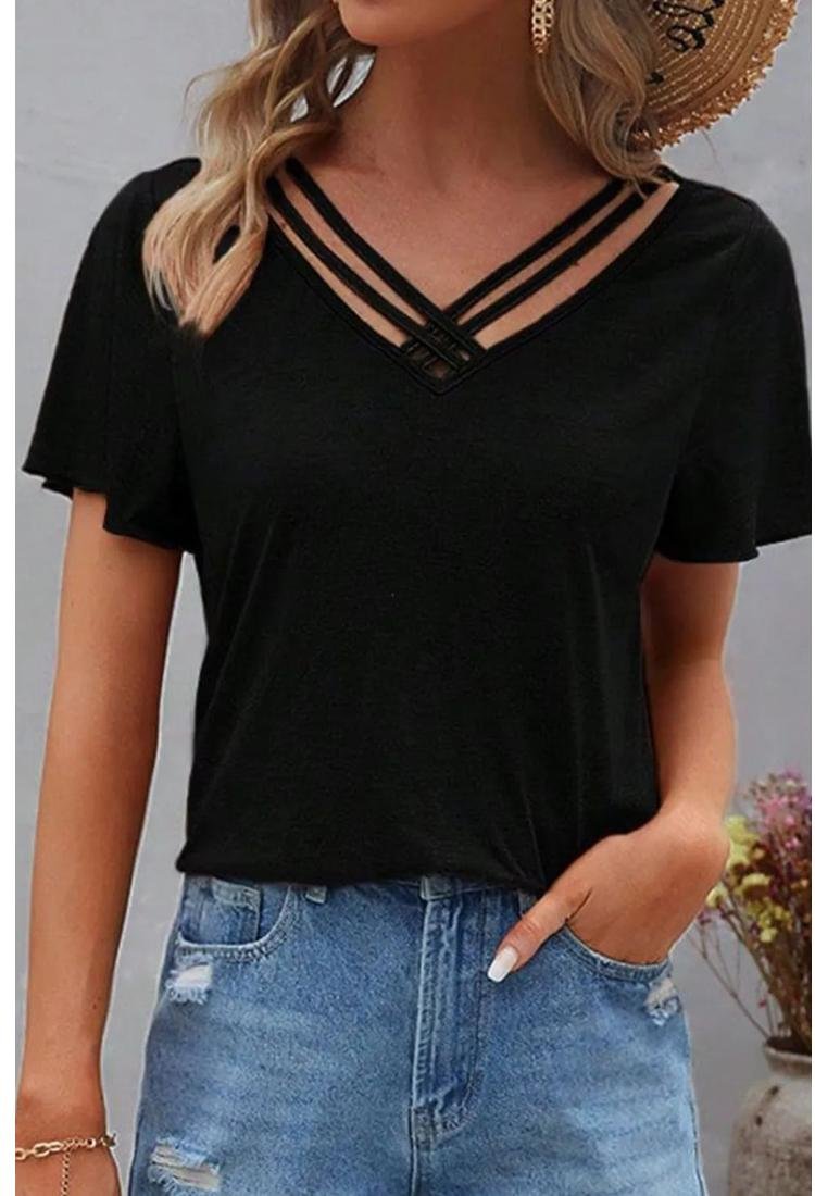 Damen V-Ausschnitt Kurzarm T-Shirt