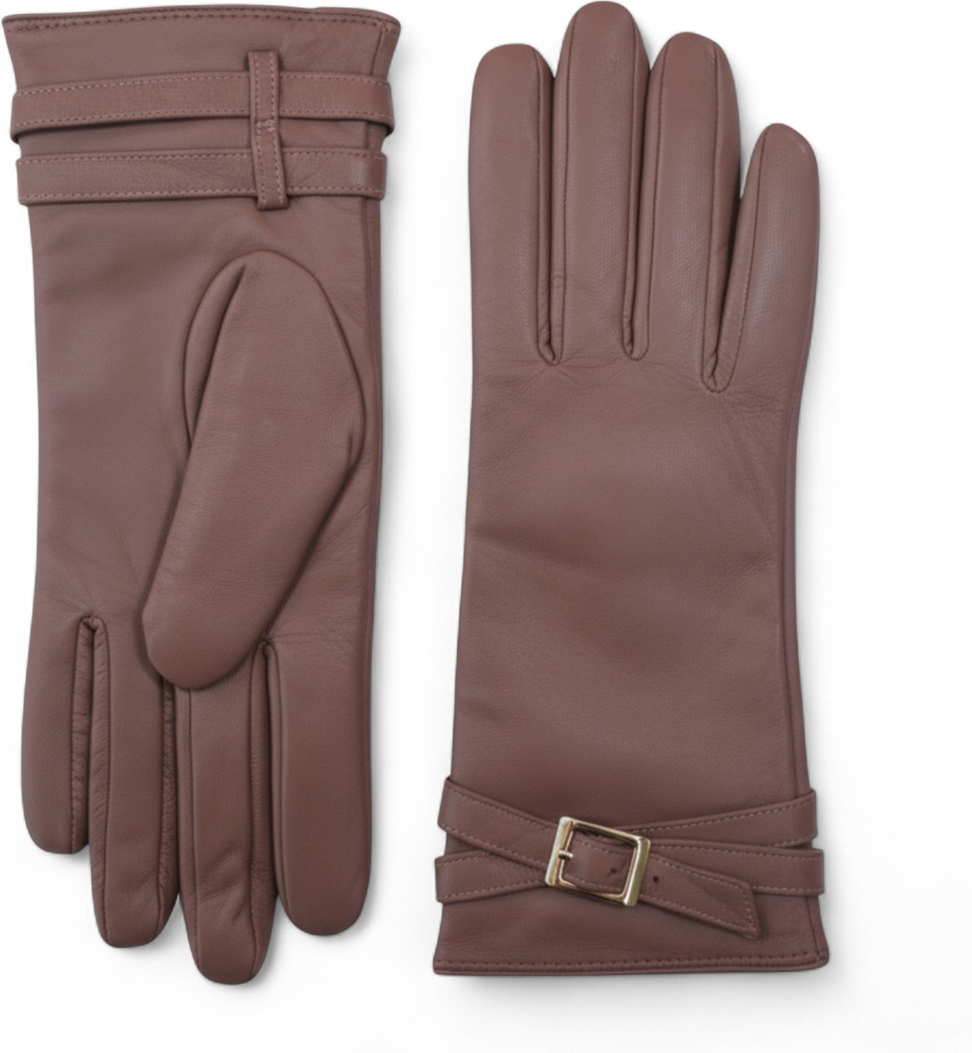Damen-Winter-Fahrhandschuhe aus nudefarbenem, beigefarbenem italienischem Leder mit weichem Wollfutter und Schnalle