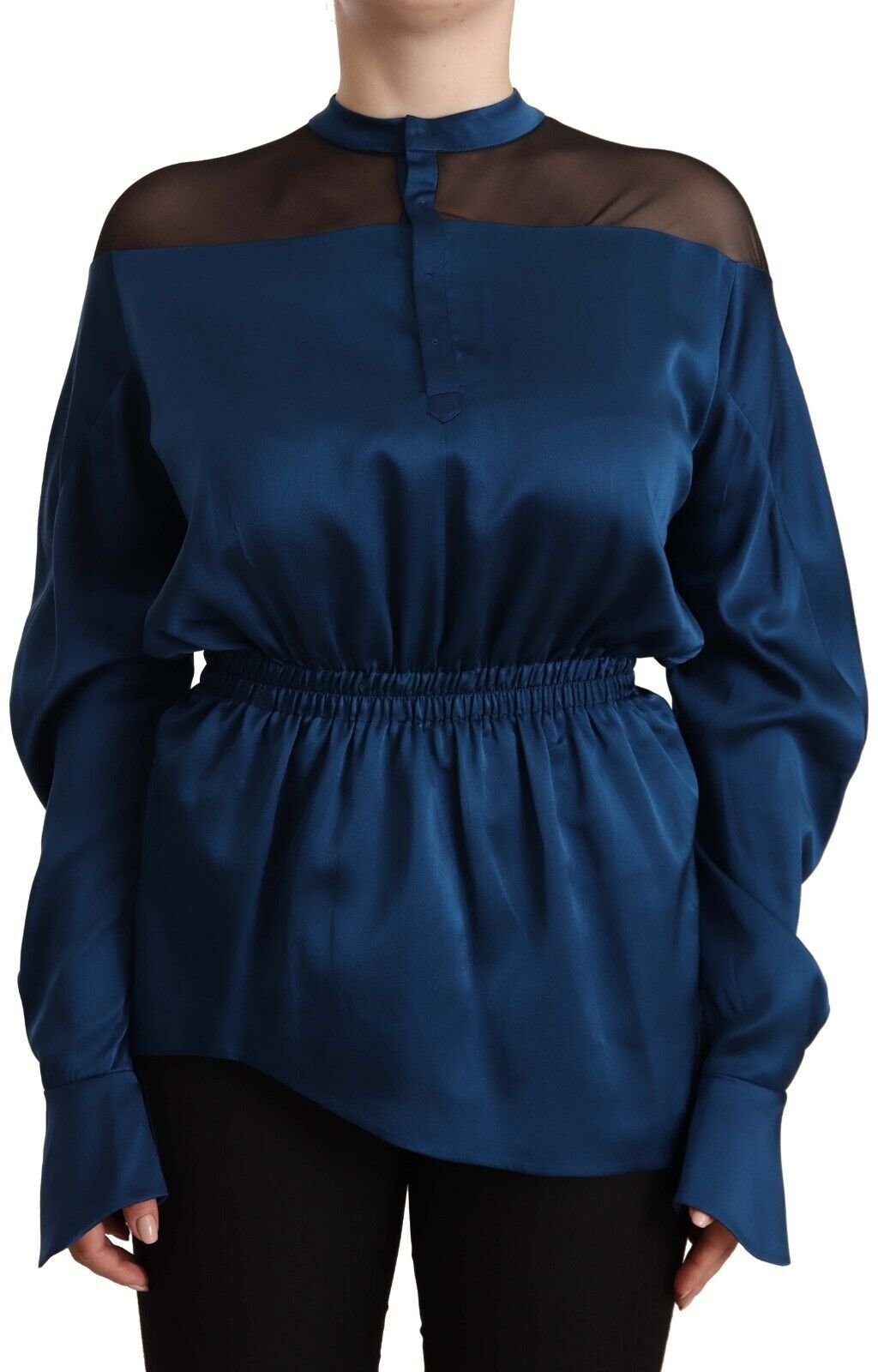 Masha Ma Seiden-Satin-Bluse mit hohem Kragen und langen Ärmeln