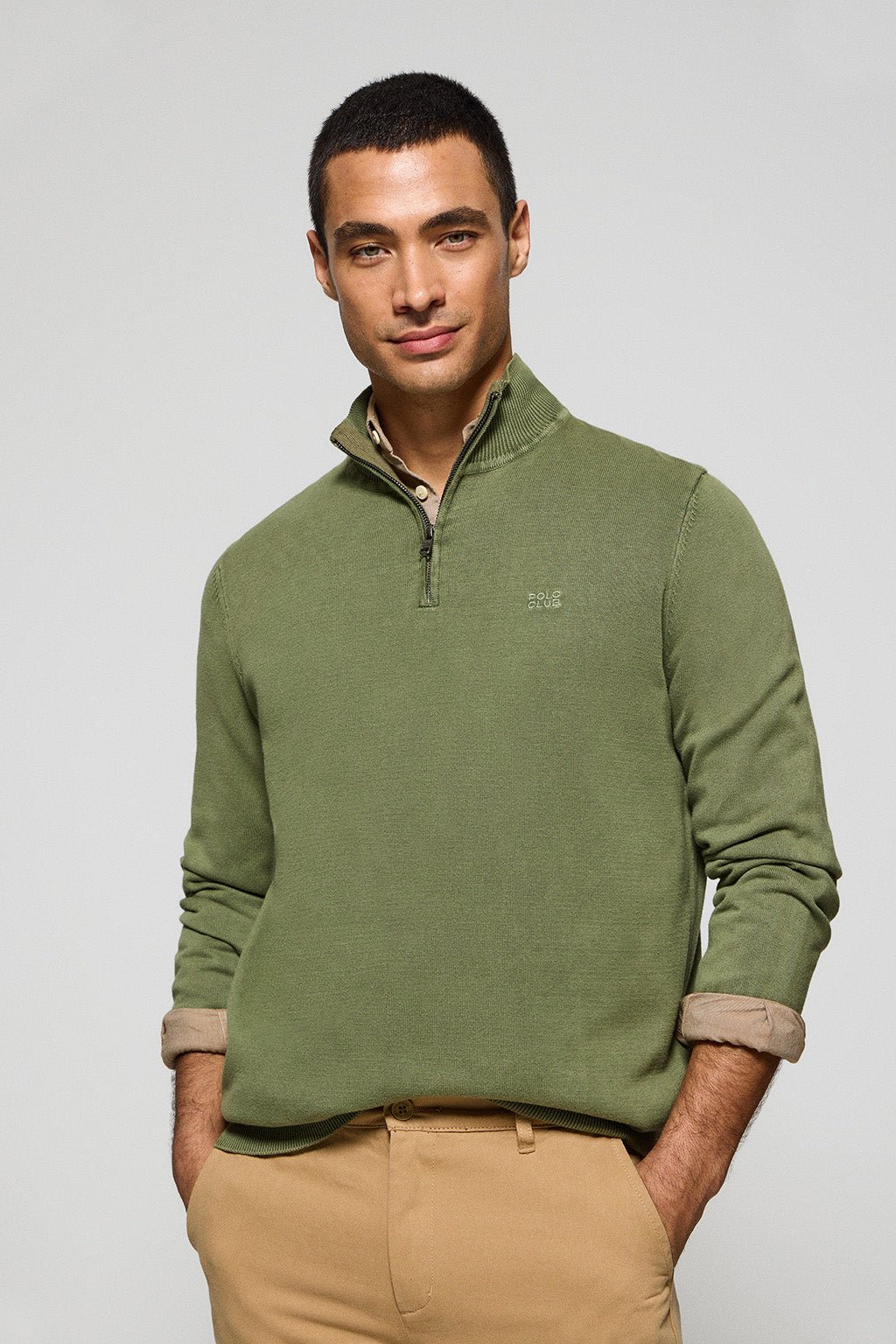 Pullover hellgrün halber Reißverschluss Garmet Dye mit gesticktem Logo