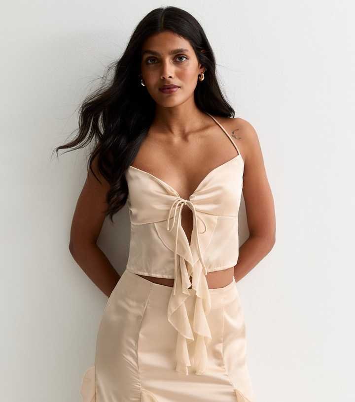 Champagnerfarbenes Satin-Rüschen-Top mit Krawatte