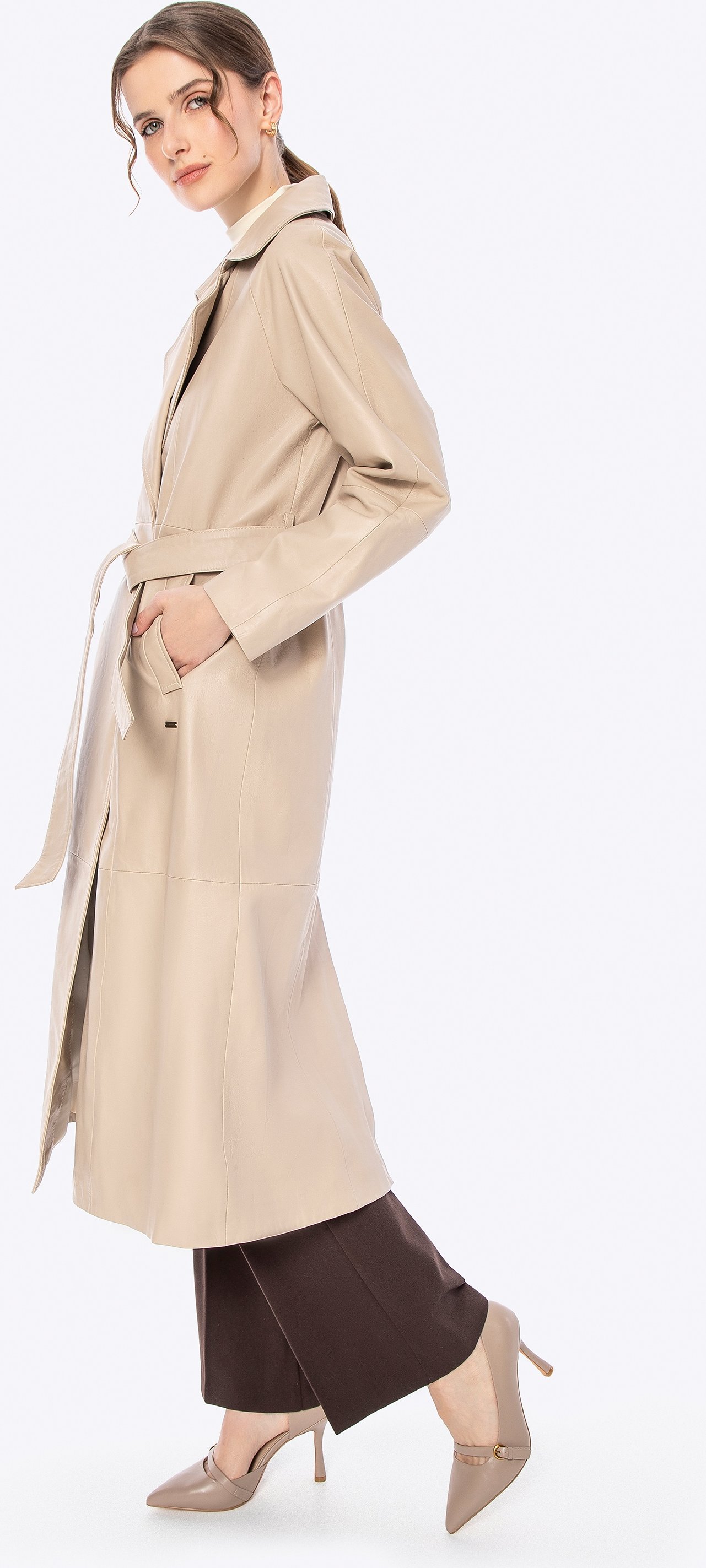 Wittchen Damen-Ledermantel mit Gürtel, Creme, Naturleder