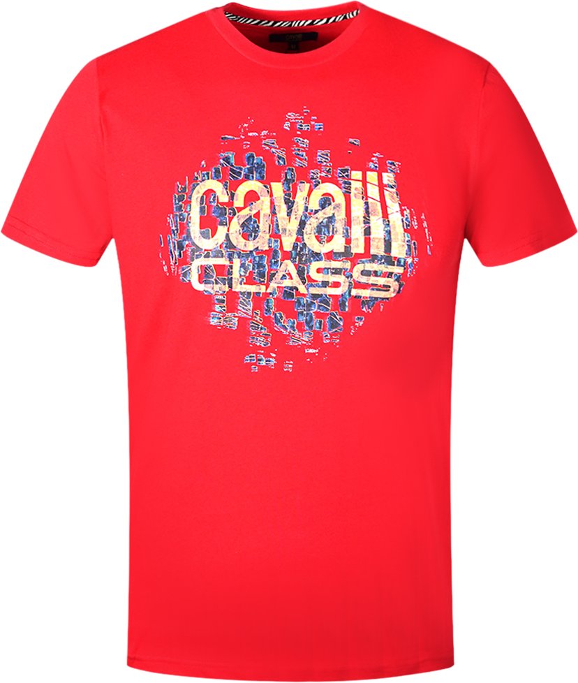 Cavalli Class Gradien Skalen Design Logo Rotes T-Shirt