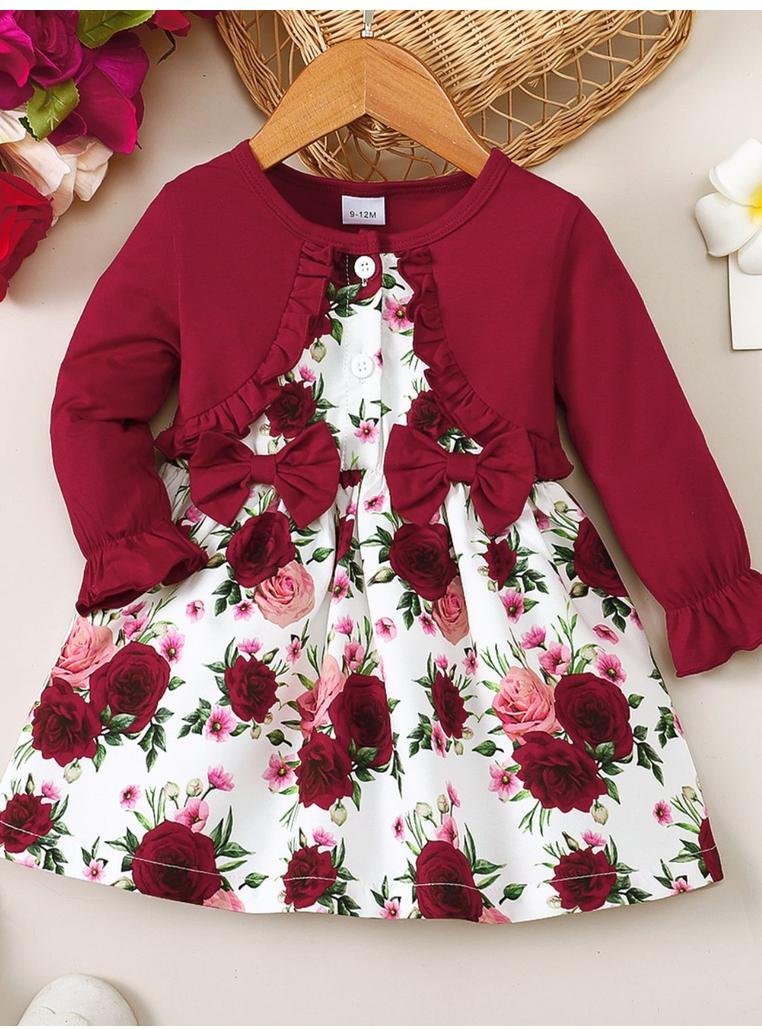 Thumbnail - Florales Kleid mit Rundhalsausschnitt und Volantarmeln und Schleifendetails