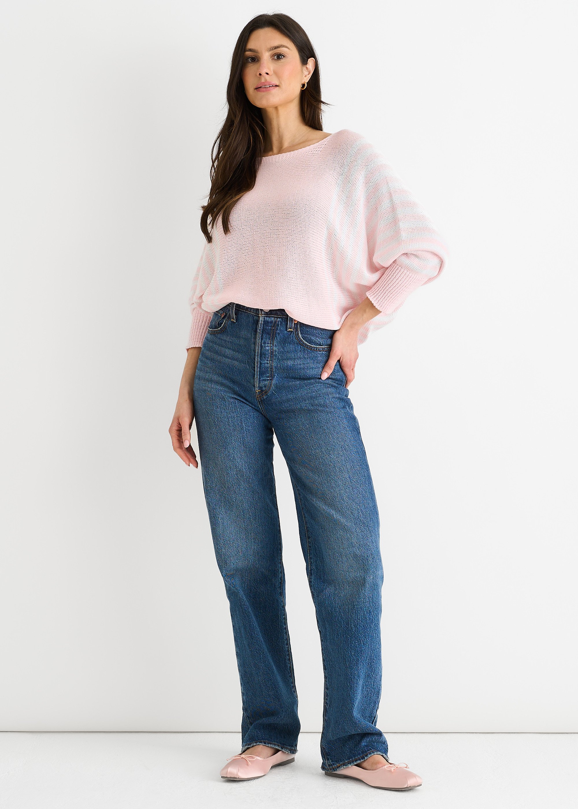 Rosa Baumwolle Streifenmuster Batwing Pullover Top