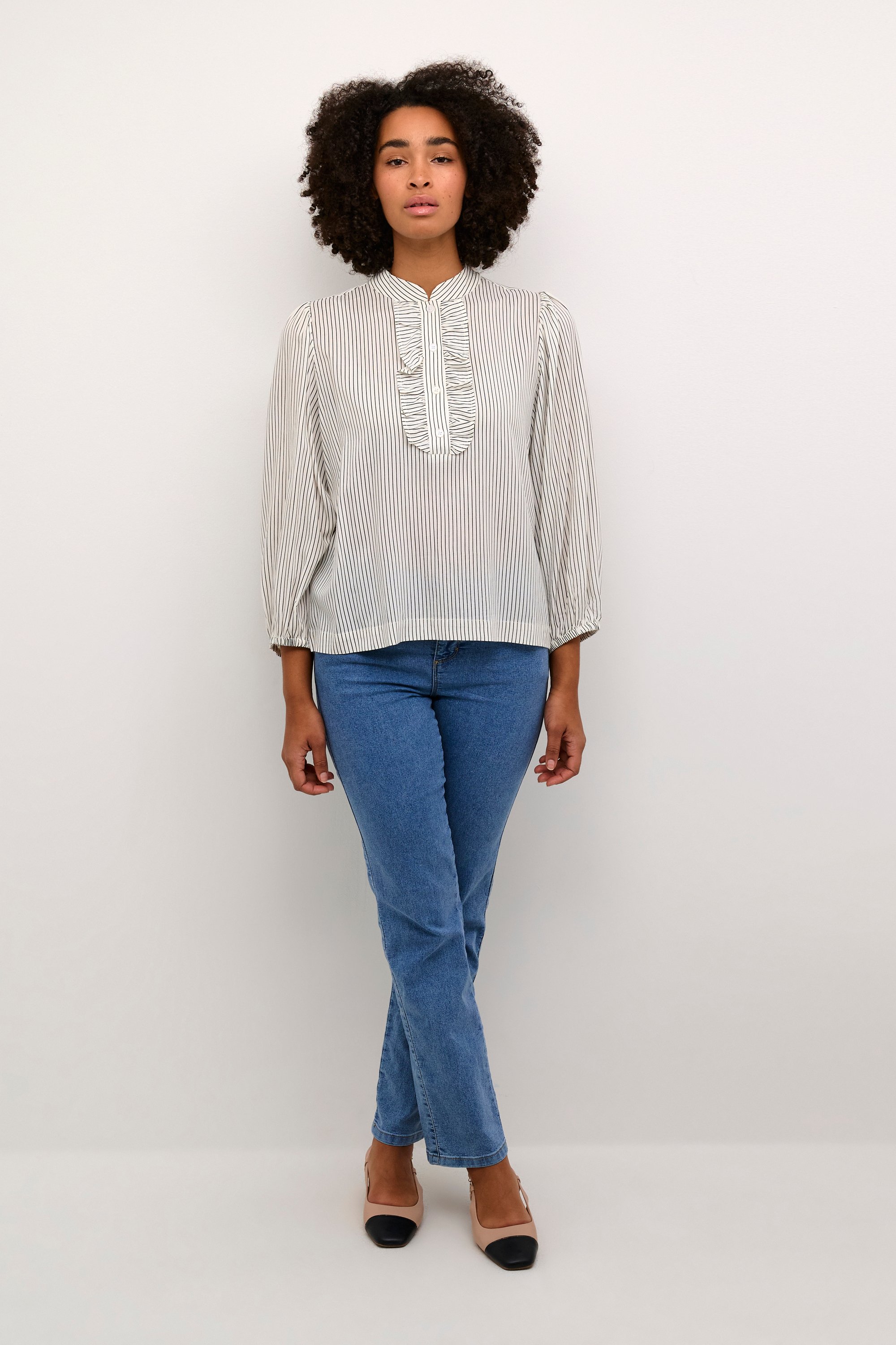 Thumbnail - Langarm-Bluse Regular fit Turtledove/Black Stripe white black
