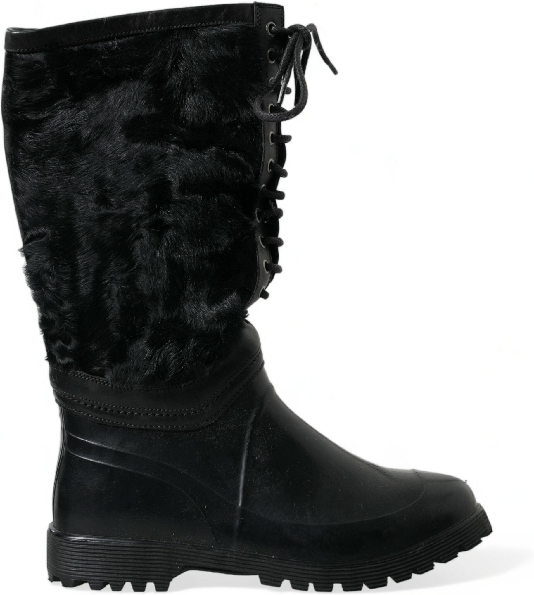 Dolce & Gabbana Schwarze Gummi Schnürstiefel mit Lammfell für Regen