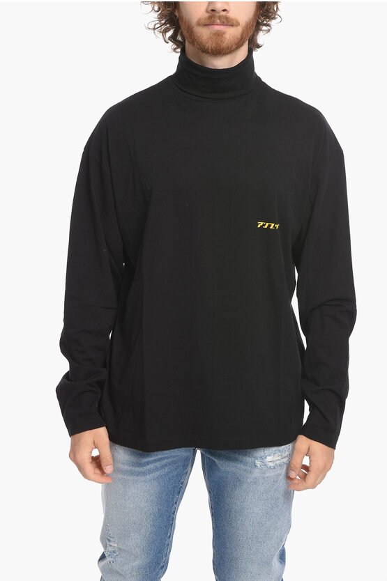 Rollkragen-Baumwoll-T-Shirt SOLAR POWER in Schwarz