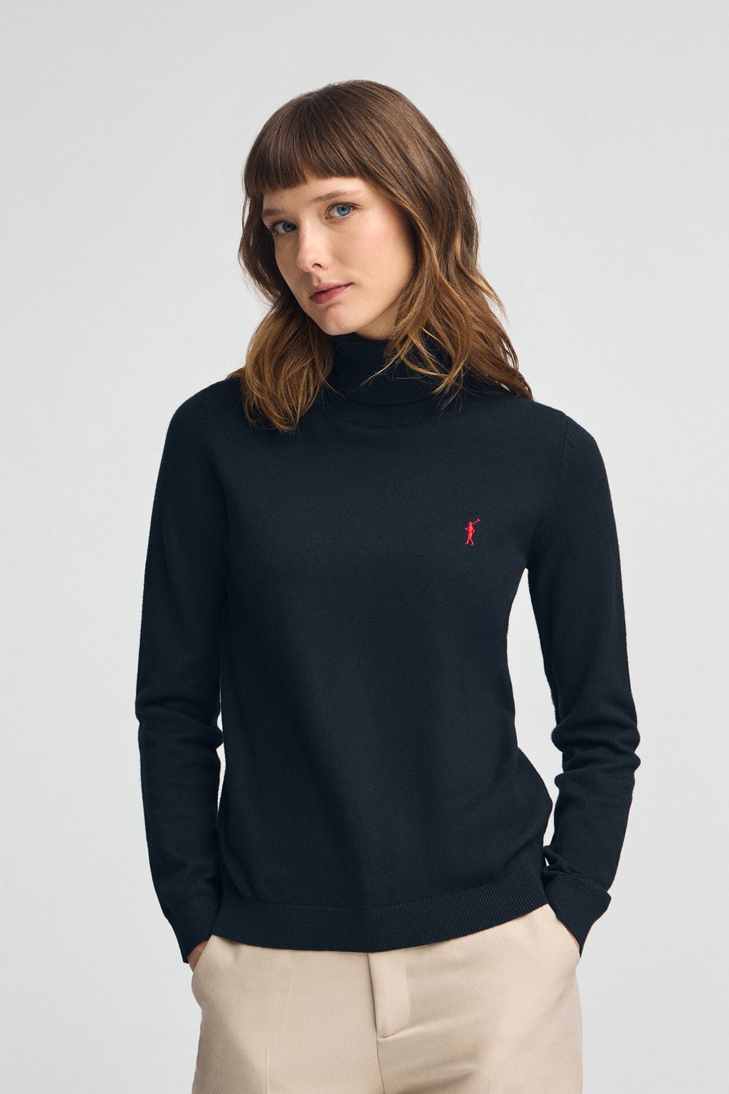 Rollkragenpullover marineblau aus Wollgemisch mit gesticktem Rigby Go-Logo