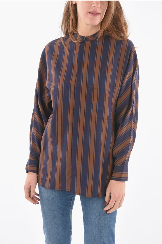 Unbalanced Striped SCULLY Hemd mit Stehkragen in Blau, Braun