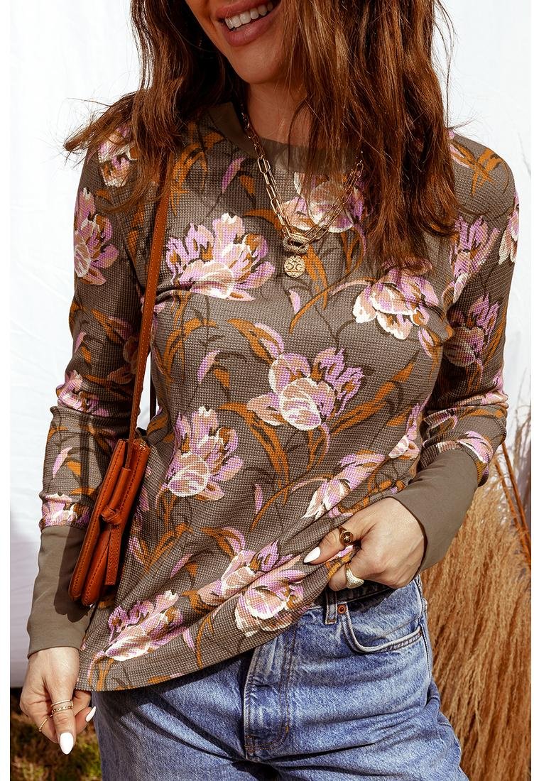 Floral Print Waffelstrick-Oberteil mit langen Ärmeln und Rundhalsausschnitt