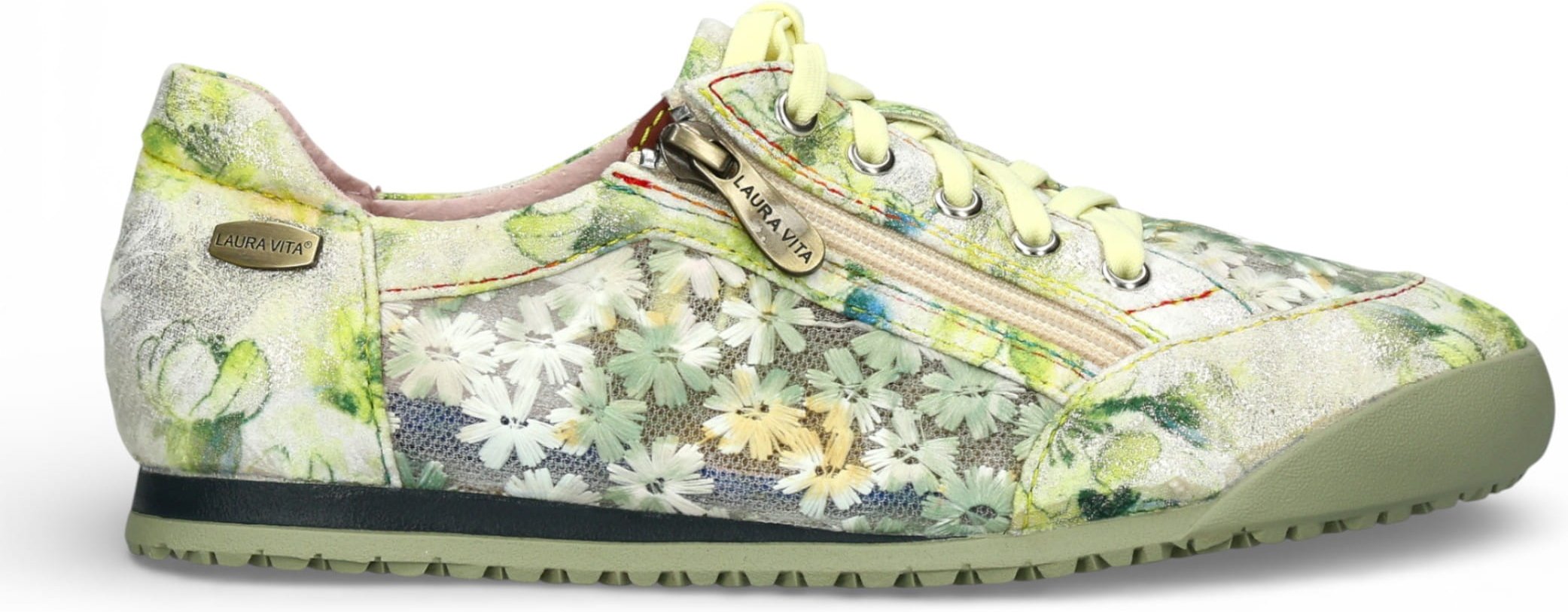 Laura Vita Damen-Sneaker Tivanao-05, gelb mit Blumenmuster, aus Leder, mit Reißverschluss