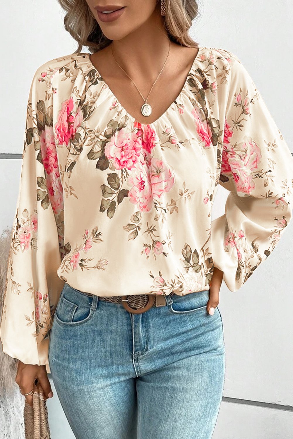 Beige Bluse mit floralem Druck, Lantern-Ärmeln und V-Ausschnitt