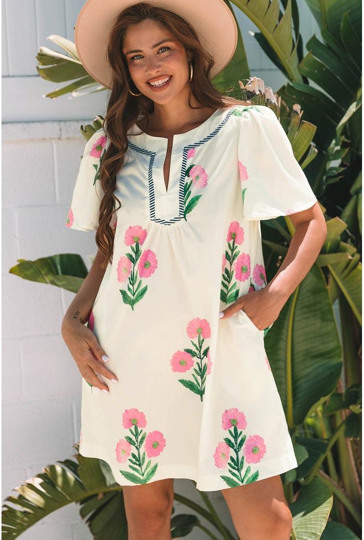 Thumbnail - Aprikosenblüten Kurzarm Splitneck Lockeres Mini-Kleid