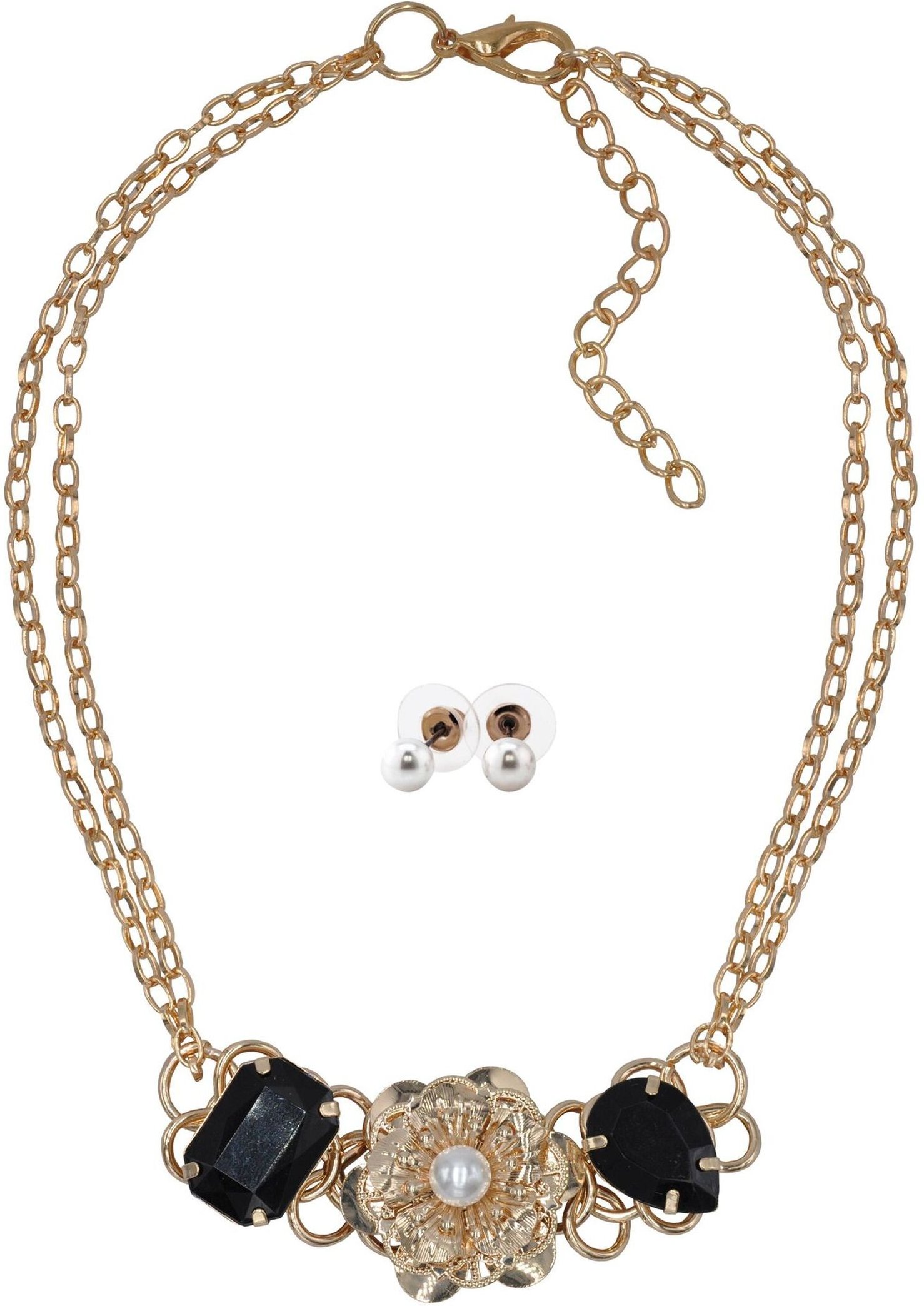 Steuer Modeschmuck Kette Ohrstecker Metall glänzend vergoldet gelb Glasstein Schwarz Perle