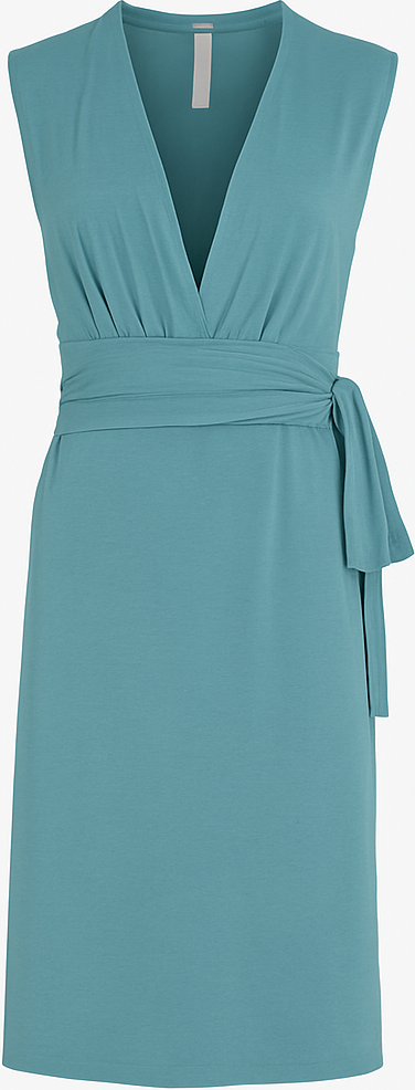 Staubgrünes ärmelloses Wickelkleid mit V-Ausschnitt – weicher Viskose-Jersey