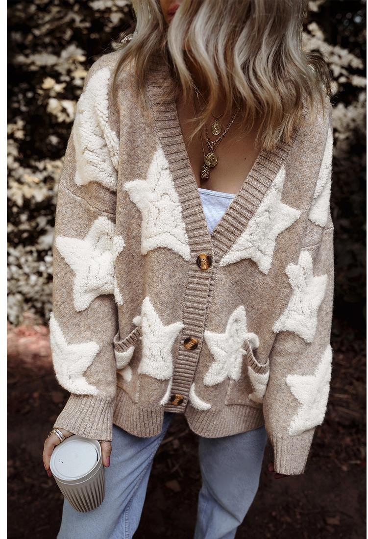 Thumbnail - Kaki Sherpa Sternmuster Strukturierter Sweater-Cardigan mit Taschen