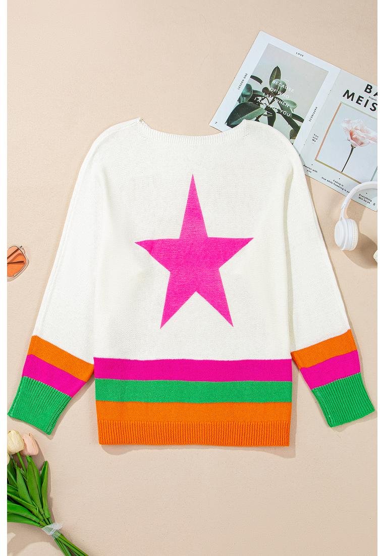 Thumbnail - Azura Exchange Weißer Sternmuster Farbblock Gestreifter Saum Drop Shoulder Pullover