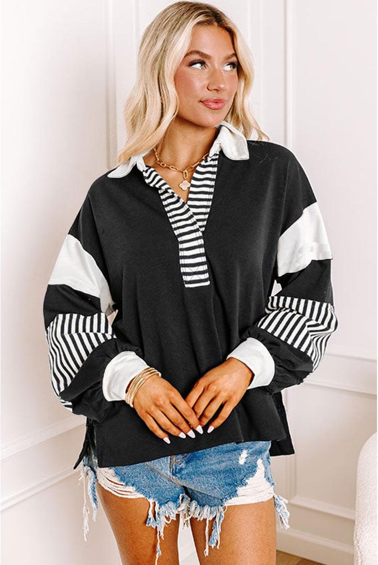 Thumbnail - Azura Exchange Schwarzer Gestreifter Farbblock Patchwork Kragen Sweatshirt