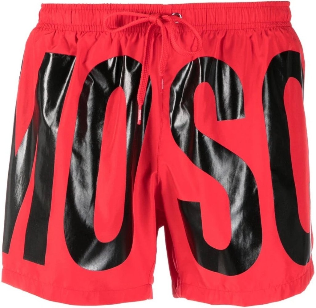 Rote kurze Badeshorts mit Print-Logo der Marke Moschino