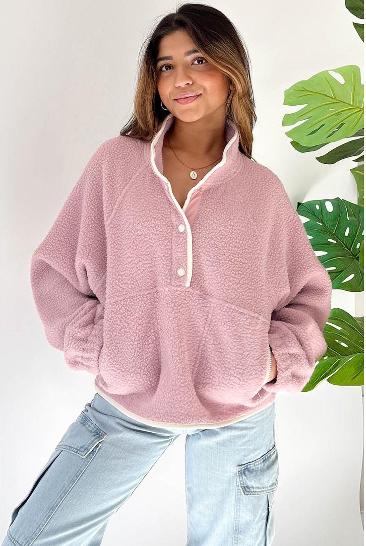 Thumbnail - Azura Exchange Fuchsia Stehkragen Halbknopf Zip-Taschen Plüsch-Sweatshirt